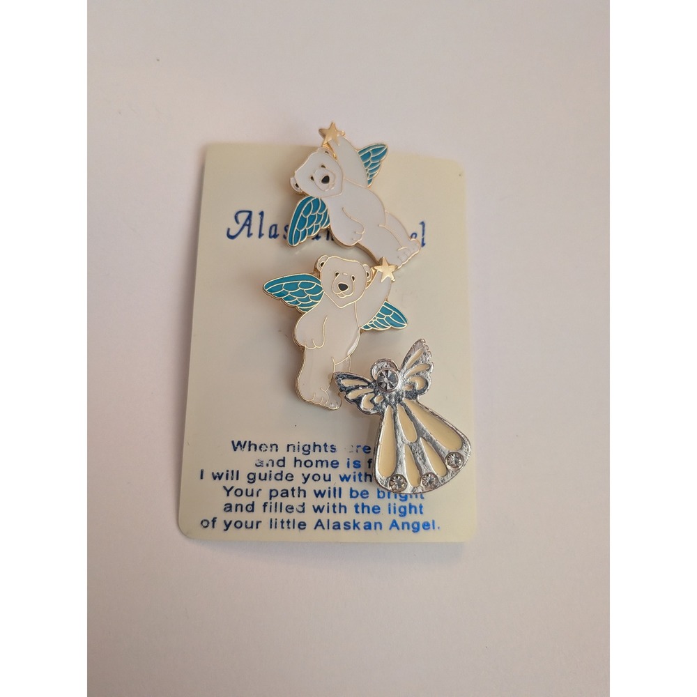 Alaskan Angel Polar Bear Enamel Pin Set Silver Tone Rhinestone Angel Brooch 3pc